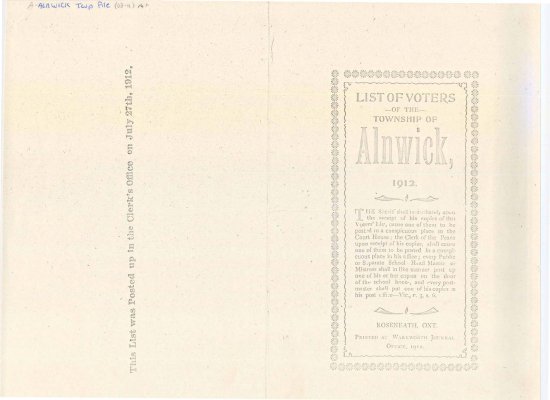 Voter’s list for the Township of Alnwick, 1912