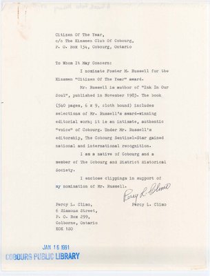 A letter nominating Foster M. Russell for Kinsmen “Citizen Of The Year&quot; award