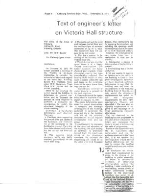 Text of engineer’s letter on Victoria Hall structure