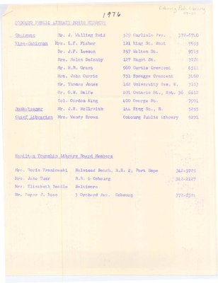 List of Cobourg Public Library and Hamilton Township Library’s Board Members. (1976)