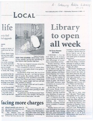 Article entitled, Library to Open all Week