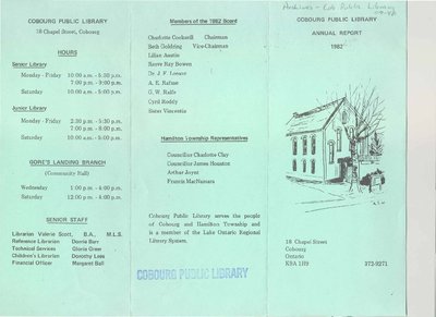 Pamphlet entitled, ‘Cobourg Public Library Annual Report 1982’