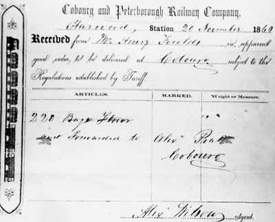 Receipt from the Cobourg and Peterborough Railroad to Henry Fowlds