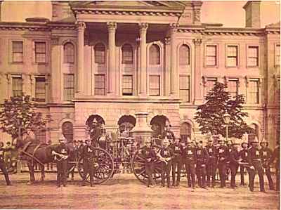 <b>Cobourg firemen in front of Victoria Hall - c.1877<b>