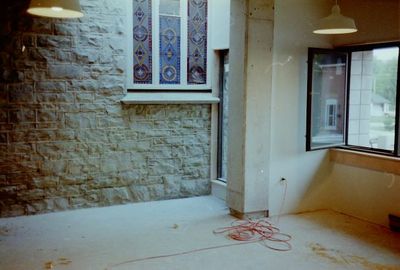 Halton Hills Cultural Centre - East exterior wall and sanctuary window of the former Congregrational Church under construction.