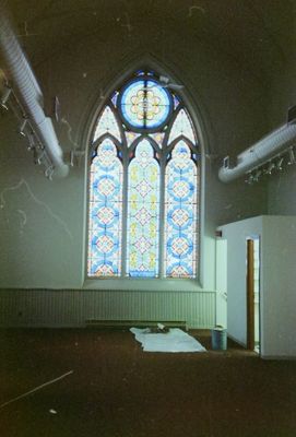 Halton Hills Cultural Centre/Art Gallery - stained-glass window dedicated to Maria Barber under construction.