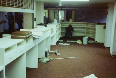 Halton Hills Cultural Centre - interior of the Library charging desk under construction.