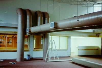 Halton Hills Cultural Centre - heating ducts inside the library under construction.