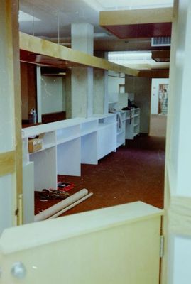 Halton Hills Cultural Centre, view of library shelving/under construction.