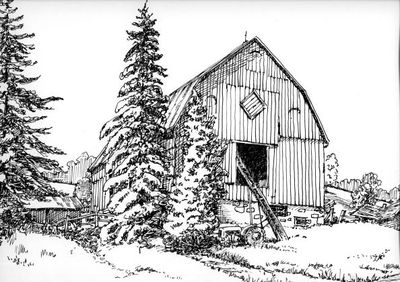 A pen & ink sketch of the barn at 13198 Trafalgar Road.