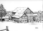 A pen & ink sketch ('Sunset Acres') of the barn off Trafalgar Road on a Wellington County Road.