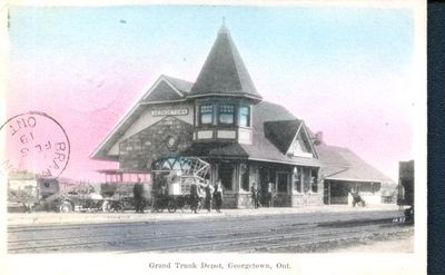 Grand Trunk Railway Station - Georgetown. Colourized postcard.