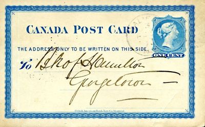 Bank of Hamilton (then at 115 Main Street, Georgetown)  receives a pre-stamped postcard from the Bank of Montreal at Halifax.