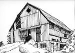 A pen and ink sketch of the barn "Shadow Acres" on Trafalgar Road.
