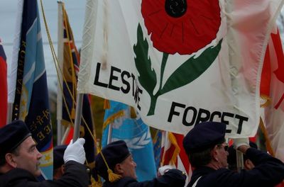 The &quot;Lest we Forget&quot; flag on display in Remembrance Park