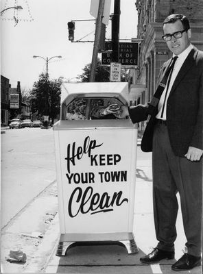 Councilor Sandy Mackenzie with new waste can