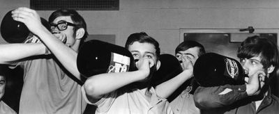 Guzzling straight from the jug at the Root beer drinking contest held at Georgetown High School's Winter Carnival