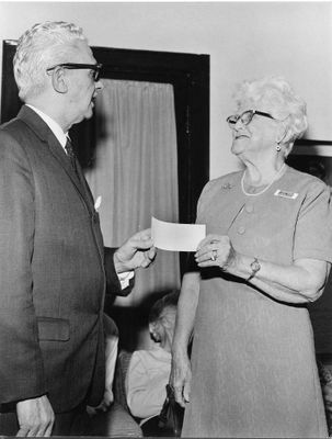 From The Herald: “Jack Pickup, president of the Georgetown Choral Society, presents a cheque for $140, proceeds from their summer concert, to Georgetown Senior Citizens Club president Mrs. Lena Pond.”