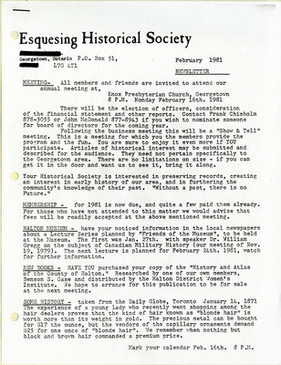 Esquesing Historical Society Newsletter 1981