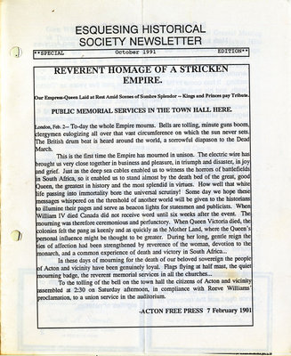 Esquesing Historical Society Newsletter October 1991