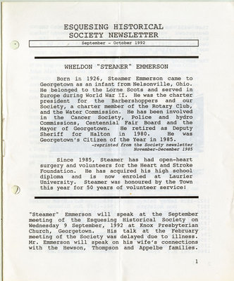 Esquesing Historical Society Newsletter September 1992