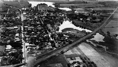 Aerial photograph showing Canadian National Railway tracks, Acton