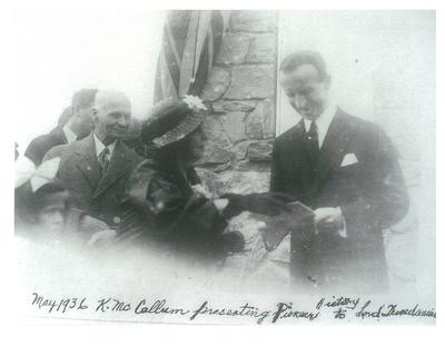 North Easthope Township Cairn, Presentation of Pioneer History to Lord Tweedsmuir, 1936