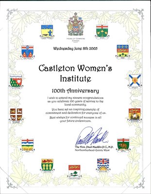 Castleton WI 100th Anniversary Certificate from Paul Macklin, P.C., M.P., 2005