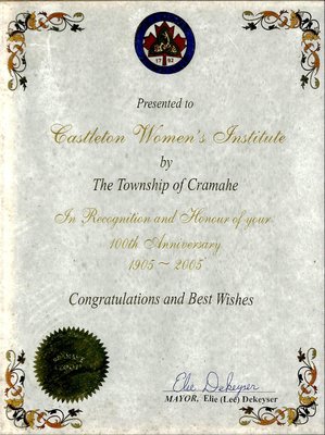 Castleton WI 100th Anniversary Certificate received from Elie (Lee) Kekeyser, Mayor, 2005