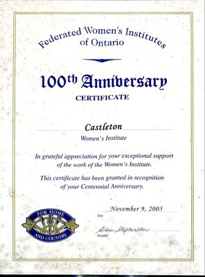 Castleton WI 100th Anniversary Certificate from FWIO, 2005