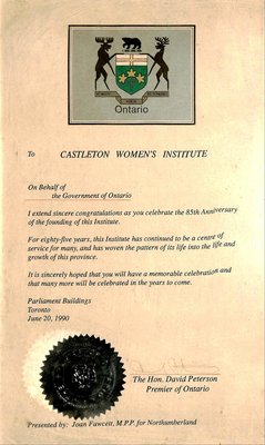 Castleton WI 85th Anniversary Certificate from the Government of Ontario, 1990