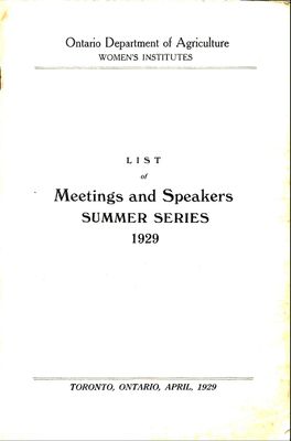 List of Meetings and Speakers SUMMER SERIES 1929