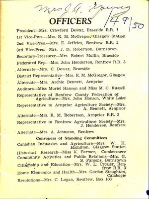 Renfrew South District WI Programs, 1949-50