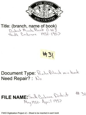 South Cochrane District WI Minute Book, 1952-57
