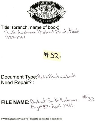 South Cochrane District WI Minute Book, 1957-61