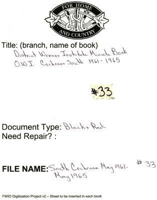 South Cochrane District WI Minute Book 1961-65