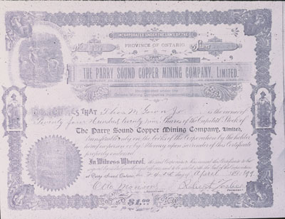 Parry Sound Mining Company Certificate of Shares