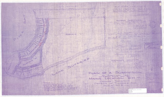 Plan of a Subdivision of Portion of Surface Rights Only of Mining Location 9H : Crooks Township District of Thunder Bay