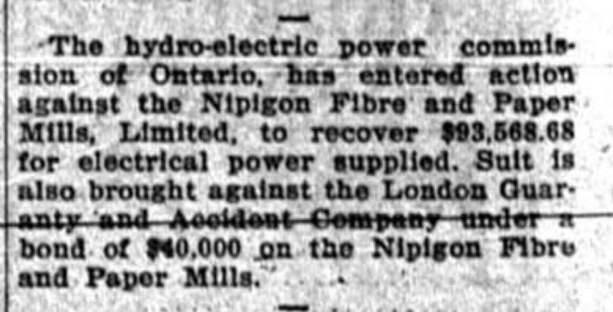 Action against Nipigon Fibre and Paper Mills Limited