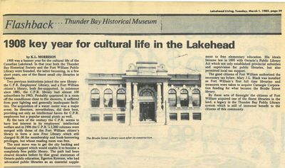 1908 key year for cultural life in the Lakehead