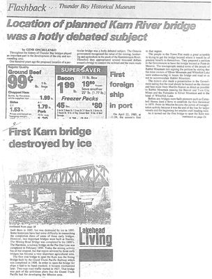 Location of planned Kam River bridge was a hotly debated subject / First Kam bridge destroyed by ice