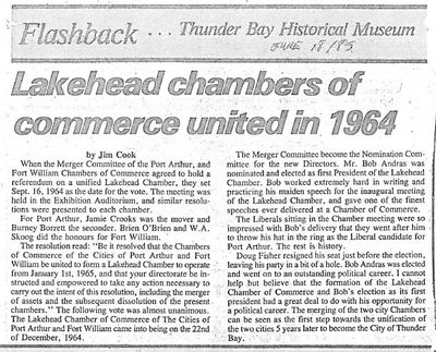 Lakehead chambers of commerce united in 1964