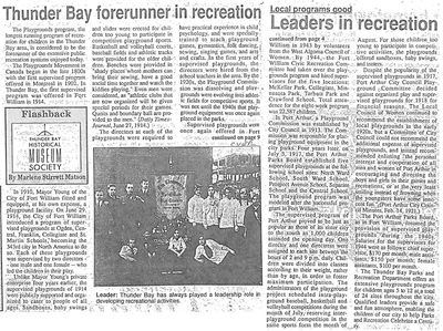 Thunder Bay forerunner in recreation / Leaders in recreation