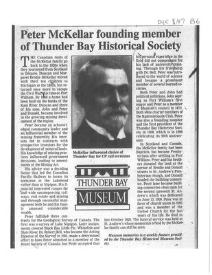 Peter McKellar founding member of Thunder Bay Historical Society