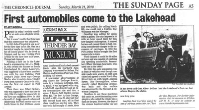 First automobiles come to the Lakehead