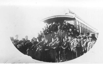 Quebec troops at the railroad station in Port Arthur on their way to the Northwest Rebellion