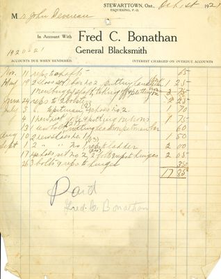 Fred C. Bonathan, General Blacksmith, receipt