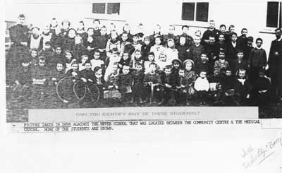 Student Group Photo in front of Upper School, Little Rapids, 1898