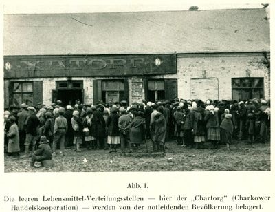 Crowd of people waiting to enter a store selling rationed food in Kharkiv