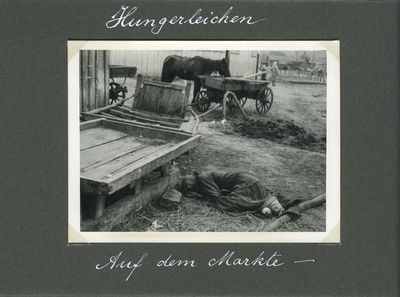 A farm woman, victim of starvation, lies behind a cart near a marketplace in Kharkiv